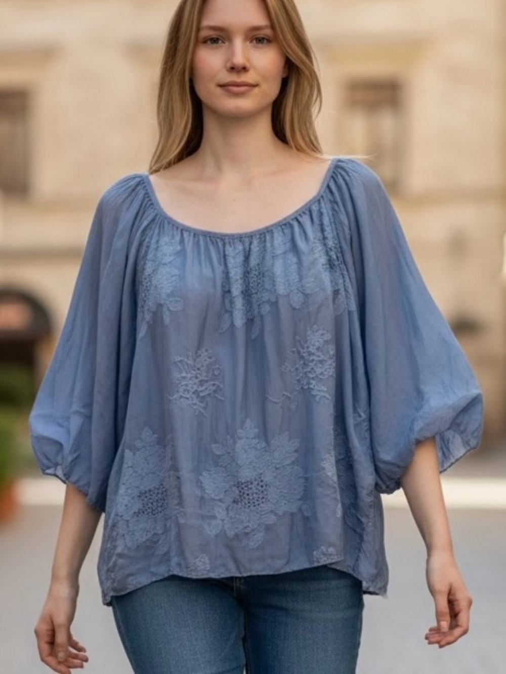 Meo Mili Made In Italy Blue Embroidered Peasant Blouse